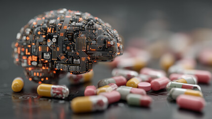 Conceptual image illustrating the convergence of advanced technology and pharmaceutical treatments, showcasing a glowing circuit board brain surrounded by various medications for neurological health 