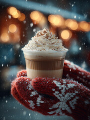 Close-up of hands in cozy red mittens holding a layered hot drink topped with whipped cream and cinnamon, amidst falling snow and blurred festive lights, evoking a warm and comforting winter 