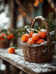 A rustic wicker basket brimming with vibrant, snow-kissed tangerines and lush evergreen branches, creating a picturesque winter scene perfect for holiday warmth and natural beauty