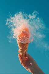 A hand reaching up into a clear blue sky holds a whimsical pink ice cream cone emitting a delightful cloud of sweet smoke, evoking a surreal summer dream