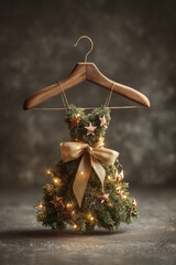 Festive evergreen dress with glowing lights and a golden bow, hanging on a wooden hanger, a creative and unique Christmas decoration symbolizing holiday spirit and seasonal style