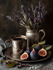 A beautifully composed still life scene showcasing a steaming cup of coffee next to ripe figs and fragrant lavender in an antique pitcher, creating a serene and rustic atmosphere