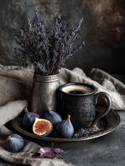 A rich and aromatic still life featuring dark coffee, fresh purple figs, and dried lavender blossoms, evoking a cozy autumnal mood on a rustic metal tray