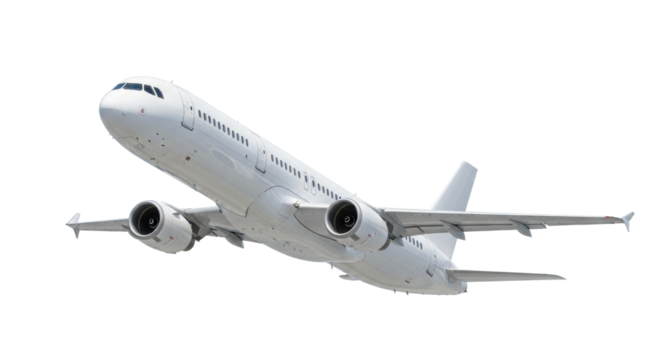 A sleek, modern white passenger jet aircraft with twin jet engines and a sharp tail fin in a dynamic low-angle ascent against a transparent studio background, concept of progress and efficiency