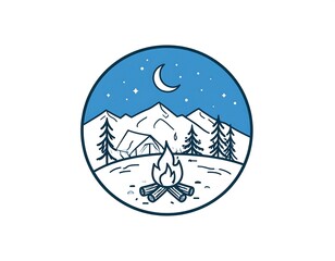 Obraz premium A stylized illustration of a mountain camping scene at night, showcasing a campfire under a crescent moon and starry sky.
