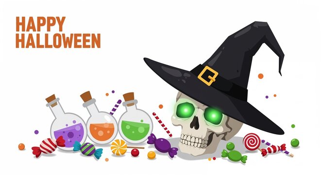 Halloween-themed skull wearing witch hat beside potion bottles and candy  