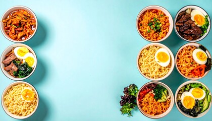 Various Asian noodle bowls on a vibrant background