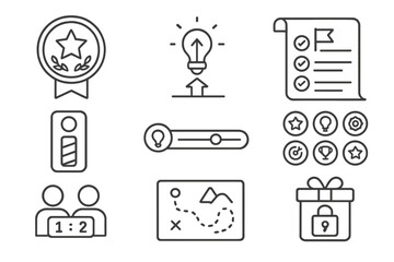 Gamified Innovation Icons. Line style icons of gamified innovation: points badge, idea level-up icon, challenge quest board,