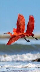Two vibrant scarlet birds in flight over water