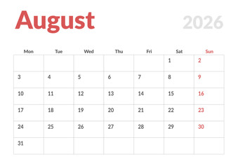 Monthly page Calendar Planner Template design of August 2026. Vector layout of calendar with week start Monday for Scheduling. Page for size A4 or 21x29.7 cm