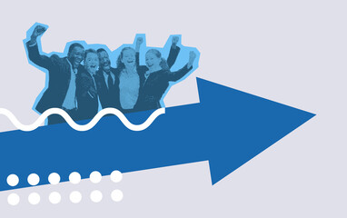 Fototapeta premium Corporate teamwork celebrating achievement with arrow and growth target in abstract business graphic