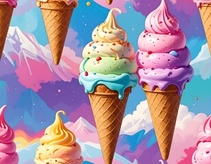 Multicolored ice cream cones, dripping with sweet treats, are displayed against a vibrant, painted background of pastel mountains and clouds.