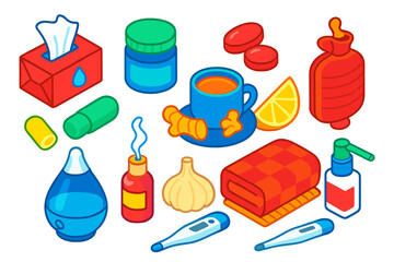 Cold Relief Essentials. Isometric vector illustration set Cold relief: tissue packet, vapor rub jar, cough drops, ginger tea cup,