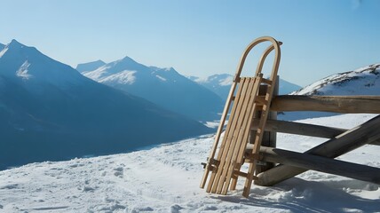 Classic Wooden Sled Resting on Fence with Snowy Mountains Backdrop on a Clear Winter Day