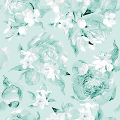 Seamless watercolor pattern with delicate peonies in monochrome shades. High quality illustration