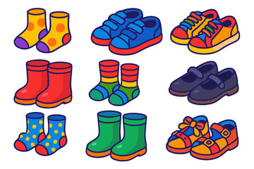Children's Footwear Icons. Isometric vector illustration set Children’s Footwear: cartoon socks, velcro shoes, rainbow laces, rain