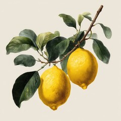 Lemons on branch illustration, off-white background. Possible for design element
