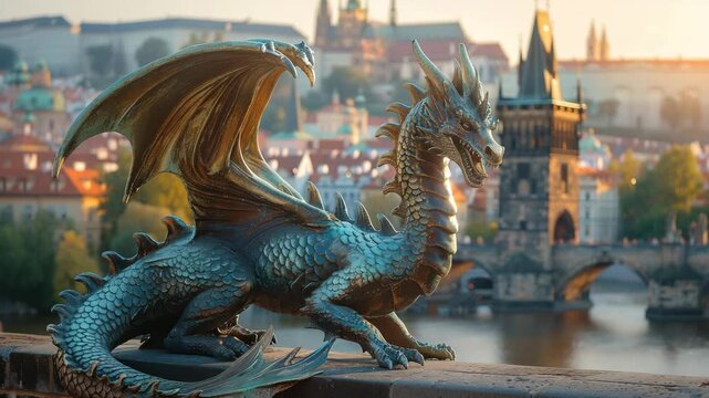 A majestic bronze dragon statue stands guard on a stone wall overlooking the vltava river and pragues historic charles bridge at sunset 4k video