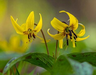 Two vibrant yellow flowers with dark markings, surrounded by foliage