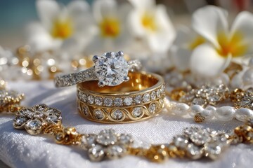 Close up luxurious wedding diamond ring and gold band set, pearl necklace and white tropical flowers for a romantic destination ceremony on a white tablecloth.