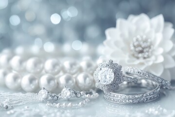 Fototapeta premium An elegant close-up of diamond jewelry including rings, earrings, and a pearl necklace, set against a soft-focus floral background in muted blue and white tones.