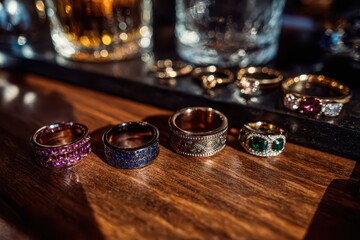 A luxurious selection of gemstone rings displayed on a rustic wooden surface, enhanced by soft, diffused lighting and bokeh from the background glass.