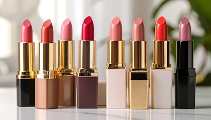 Various colorful lipsticks arranged on a white surface