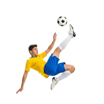 Illustration of soccer player kicks ball isolated on transparent background