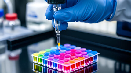 Precision liquid handling in a laboratory setting with a multi-channel pipette over a colorful microplate