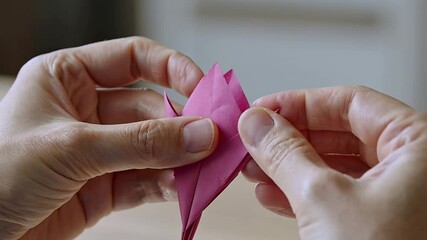 Hands folding a pink origami flower - Powered by Adobe