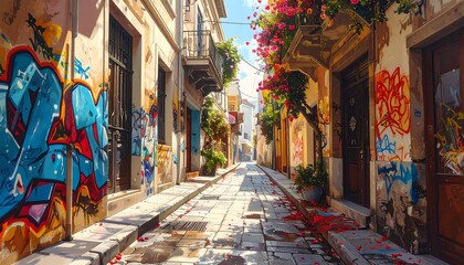 Naklejka premium A sun-drenched alleyway, brimming with vibrant graffiti art, cascading bougainvillea, and weathered buildings, evokes a captivating urban atmosphere.