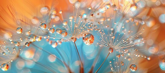 Macro close-up of dew-covered seed head, showcasing vibrant orange and blue bokeh background, highlighting translucent seed hairs and water droplets reflecting light