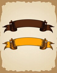 Two vintage-style banners in brown and gold on aged paper