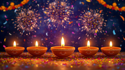 A beautifully lit traditional Diwali diya (oil lamp) with a bright glowing flame, reflecting on a glittering surface. Golden festive bokeh lights and fireworks sparkle in the background, symbolizing 
