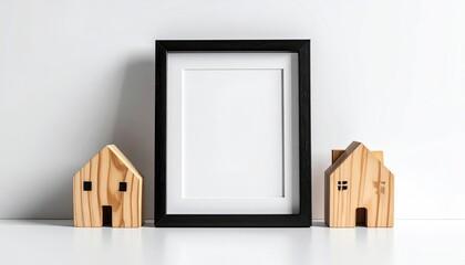 Minimalist composition of a blank black picture frame flanked by two small, light-colored wooden houses against a white backdrop