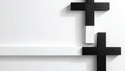 Minimalist composition featuring black and white crosses and rectangular elements against a white background, casting subtle shadows
