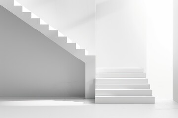 Minimalist rendering of a white staircase ascending to the left and descending to the right, set against a stark white wall, bathed in soft, diffused light