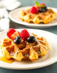 Two waffles topped with fresh berries and powdered sugar