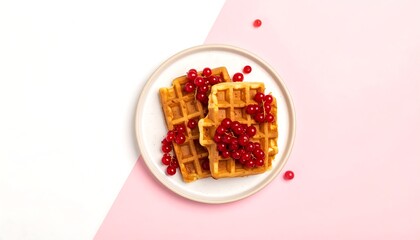 Two waffles topped with red berries on a plate