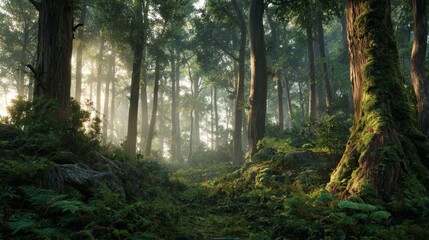 Obraz premium Misty Sunrise in Ancient Forest