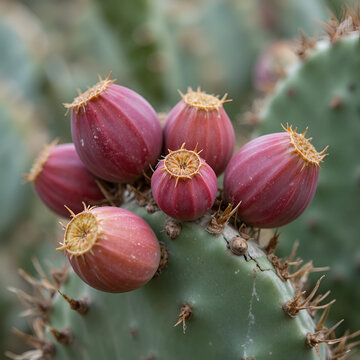 close-up of the fruits of the prickly pear on the cladodes of the plant