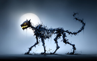 Creepy Skeleton Cat Creature with Glowing Eyes Under Full Moon