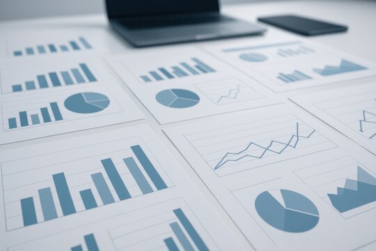 Financial business charts and graphs on desk with laptop in background 
