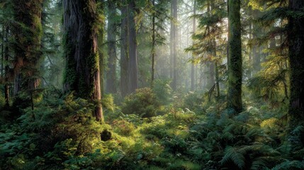 Fototapeta premium Misty Sunrise in Ancient Forest