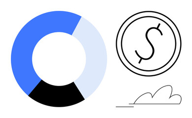 Pie chart in blue, black, and gray segments beside a dollar coin outline and abstract cloud line. Ideal for finance, investment, data analytics, budget planning, economy, savings simple flat