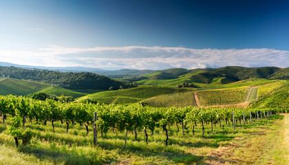 Naklejka premium Verdant Vineyard Landscape And Hills In Summer