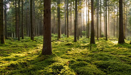 Obraz premium Moss Covered Forest Floor With Towering Pine Trees Bathed In Soft Morning Light