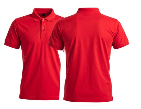 Two views of a vibrant red polo shirt, showcasing a clean design and simple, classic style.