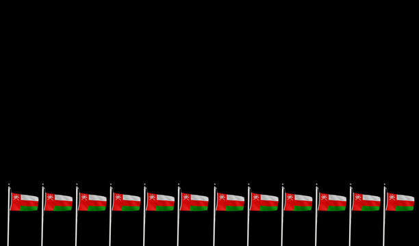 High-quality oman national flag row of flags on flagpoles against a black - Symbol of culture, heritage, and patriotism