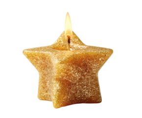 Golden star-shaped candle burning brightly against a black background.